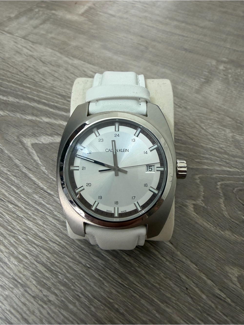 Calvin Klein Silver Case White Dial Watch with White Leather Strap